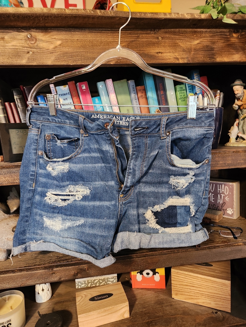 American Eagle Outfitters Distressed Blue Rolled-Hem Jean Shorts